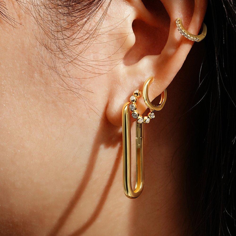 Gold Bezel Bead Huggie Hoop Earrings 925 Silver E066-05G