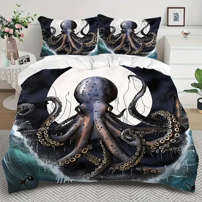 Vintage Octopus Duvet Cover Set, Nautical Sea Life Print Quilt Cover, Soft Comfortable Breathable Bedding Set For Home Decor