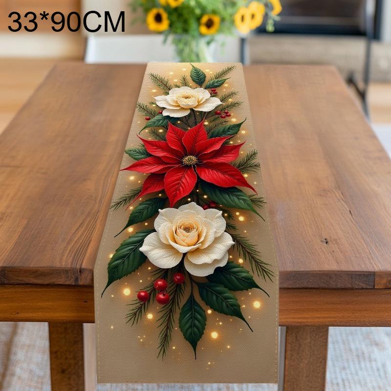 

1pc 2D Flat Home, Kitchen, Dining Table, Table Flag Cloth, Tableware, Poinsettia and White Rose with Pine Needles and Berries
