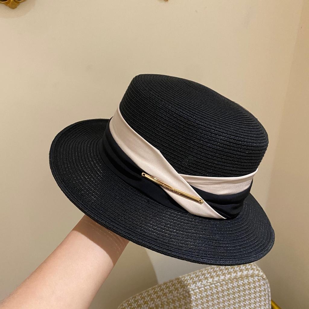 Women's summer beach straw hat beach shade sun protection color blocked flat top sun hat British versatile top hat