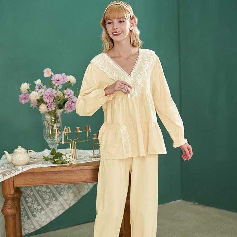 

Романтический хлопковый пижамный комплект женский с длинным рукавом, ночная одежда с кружевным V-образным вырезом и оборками, домашняя одежда, удобная элегантная пижама для женщин One Size жёлтый