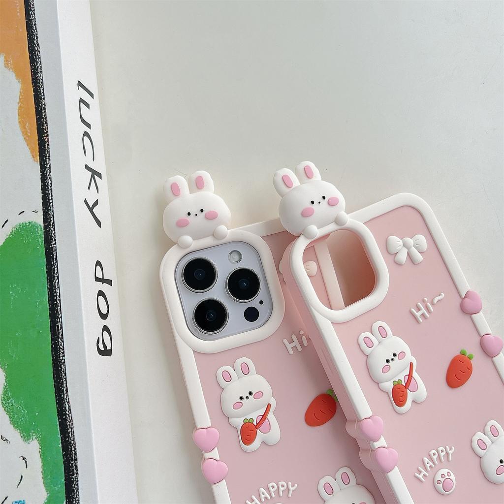 For iPhone 16 Pro Max Silicone Case Cute 3D Cartoon Carrot Rabbit Design Shockproof Phone Back Cover