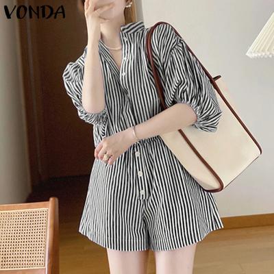 Women Summer Shirt Collar Puff Short Sleeve Striped Jumpsuits