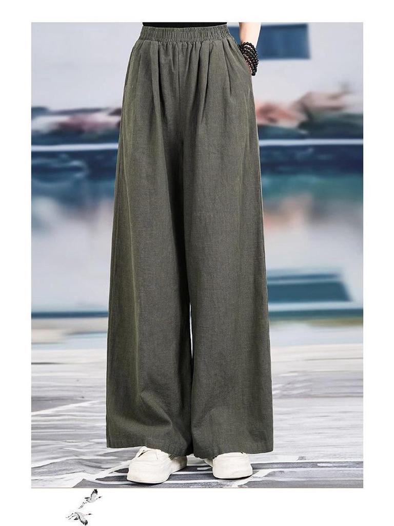 Women's Spring/Summer High-Waisted Wide-Leg Cotton Linen Pants