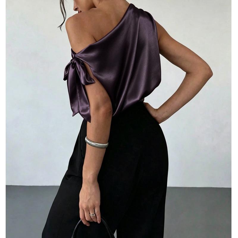 Women One Shoulder Satin Blouse With Bow Detail Elegant Sleeveless Party Tops