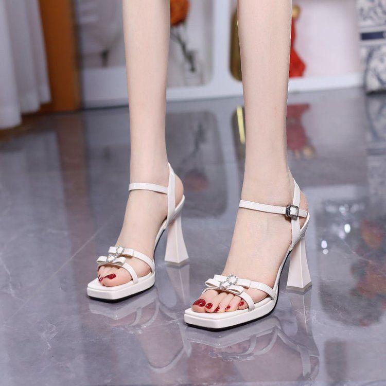 

Silver one-word buckle with fashionable stiletto sandals women s summer new open-toed waterproof table bow high-heeled banquet shoes 34