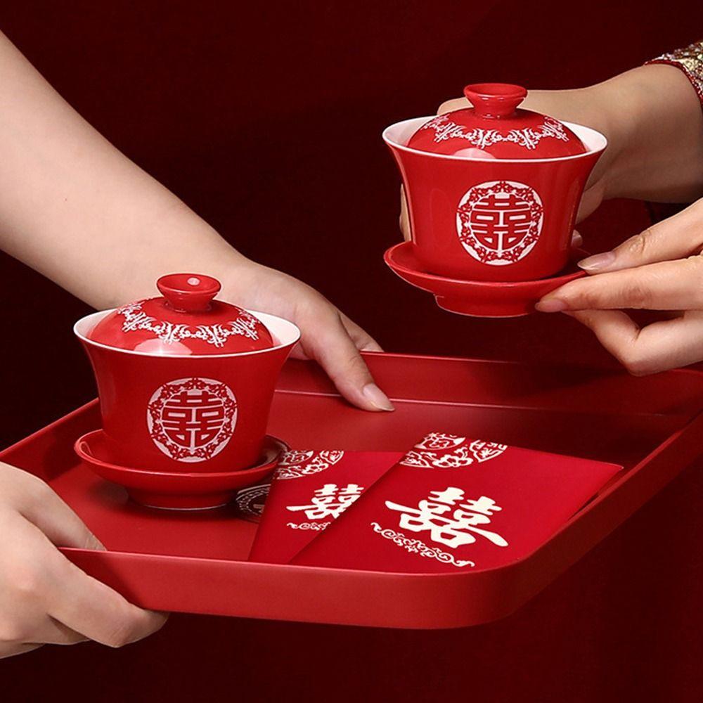 1Pcs Festive Supplies Xi Tray Wedding Banquet Chinese Traditional Plate Durable Red Tray