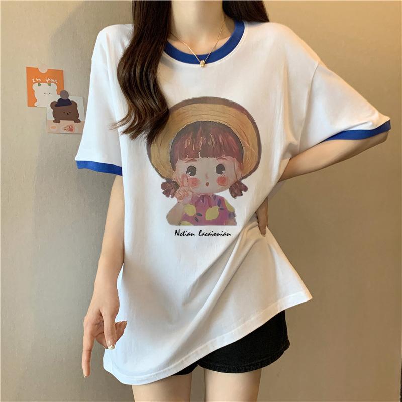 

Special offer 100% pure cotton bag collar summer new loose dopamine girl short-sleeved t-shirt female tide 2XL Темно-синій