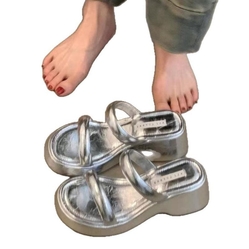 Slippers summer new silver round head with muffin platform beach sandals slope heel versatile sandals