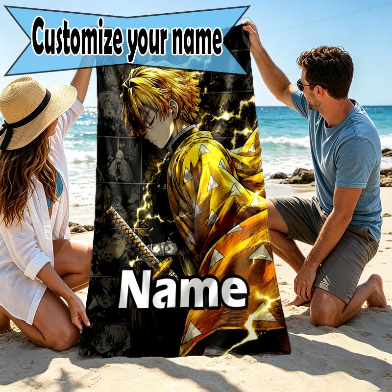 Custom Name Personalized Demon Slayer Print Beach Towel, for Trip Camping Beach Party Home Decor, Birthday Gift for Family & Friends