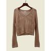 Japan Cut Out Knitting Women's Clothing 2025 Spring-Summer New Type Deep V Neck Fancy Outer Long-Sleeves Blouse