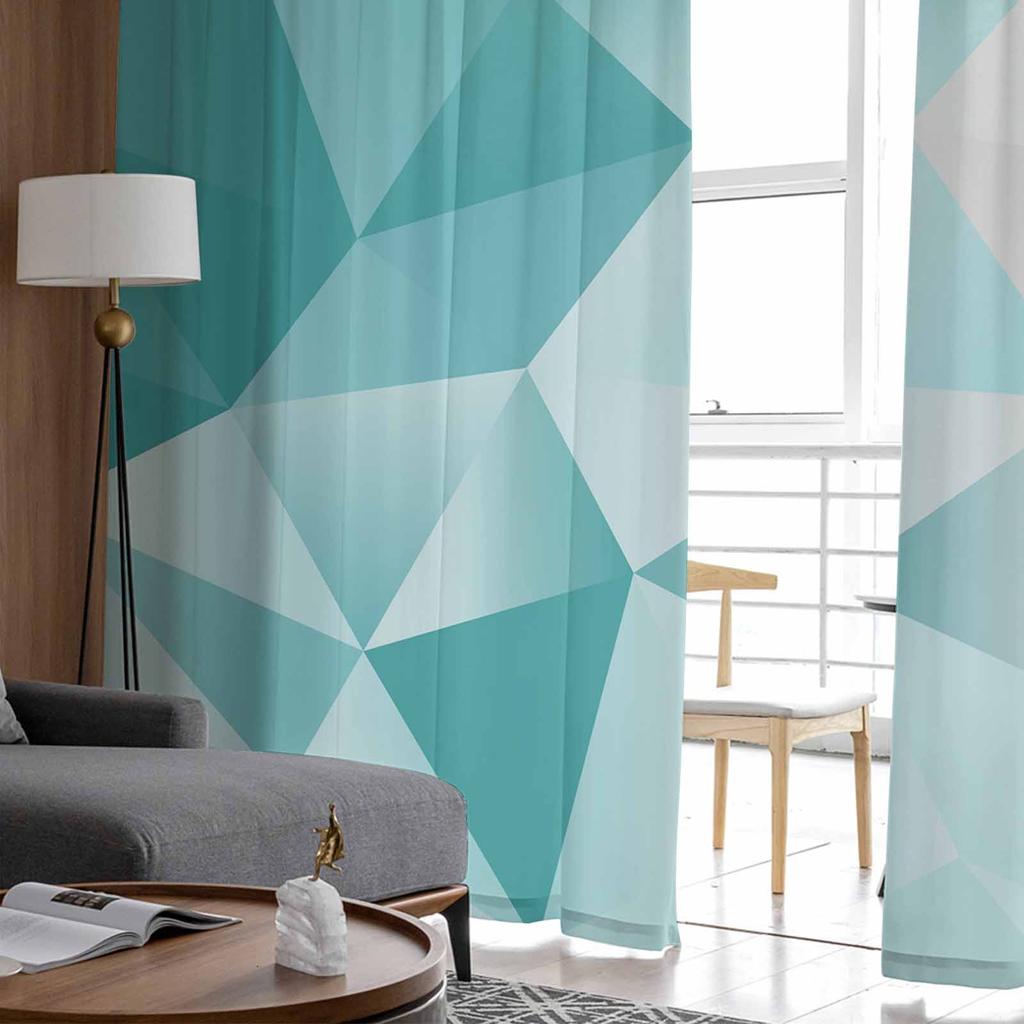 Abstract Gradient Blue-Green Gray Triangle Window Tulle Curtains for Living Room Bedroom Hotel Luxury Decoration Sheer Curtains