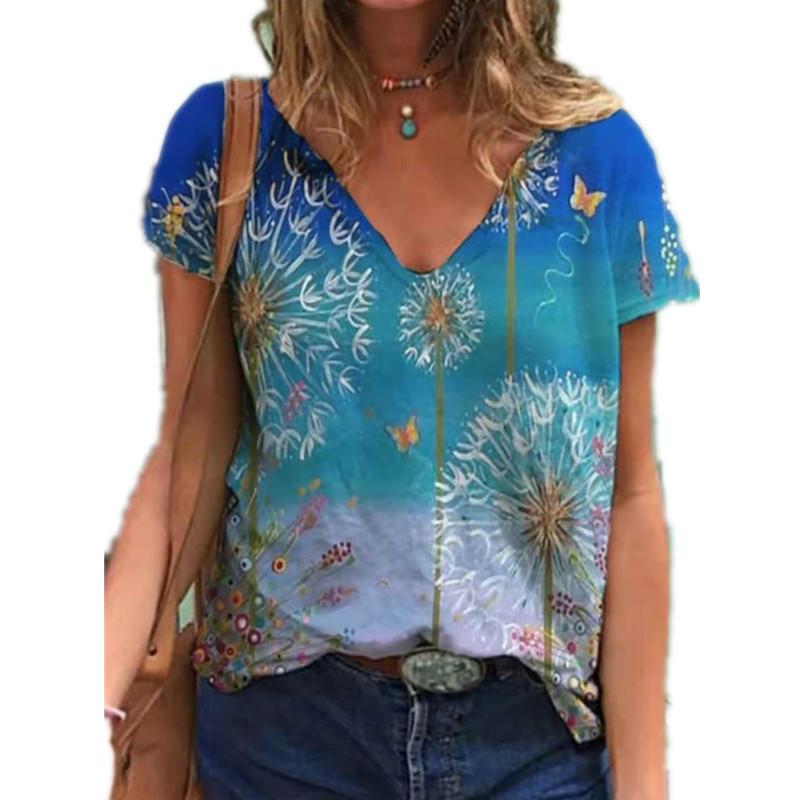 Summer Women's New Amazon Painted V-neck Printed Short Sleeved T