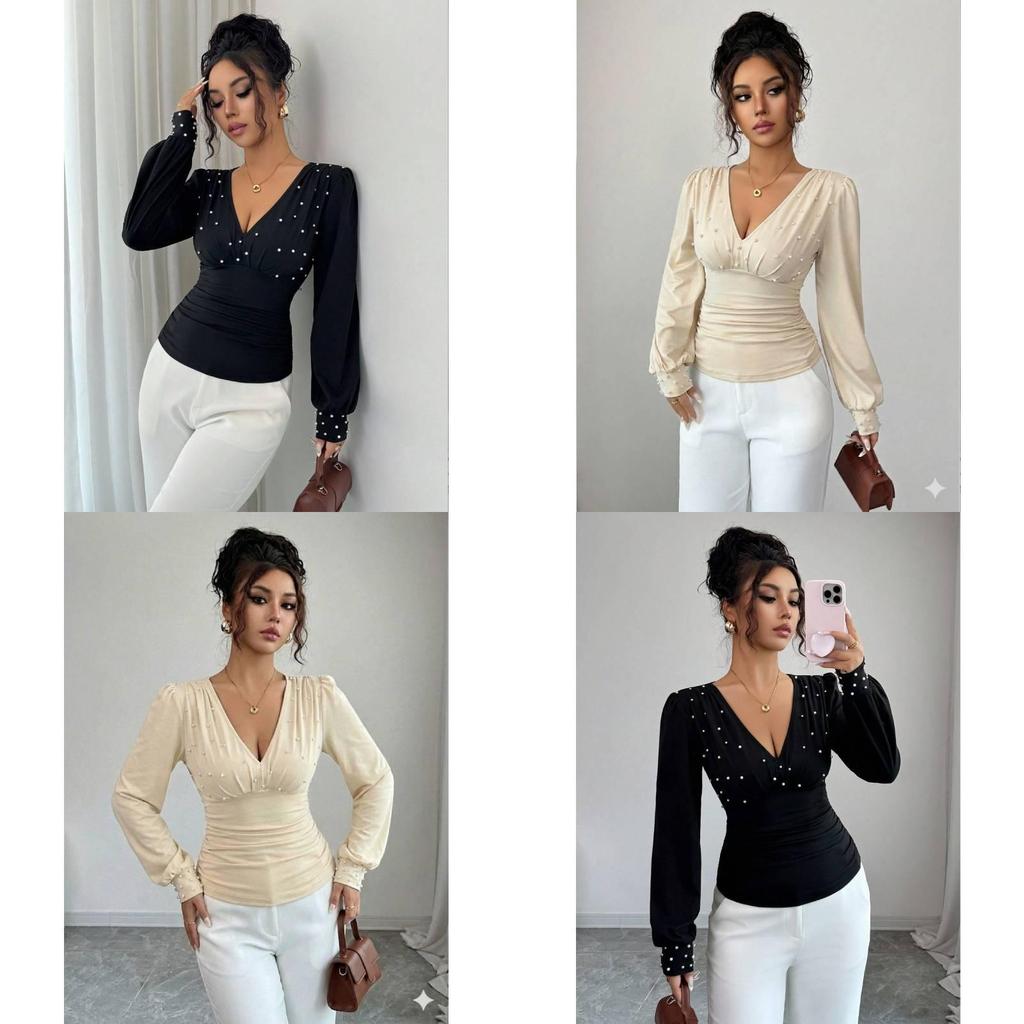 Elegant Long Sleeve T Shirt With Pearl Embellishments For Office Wear