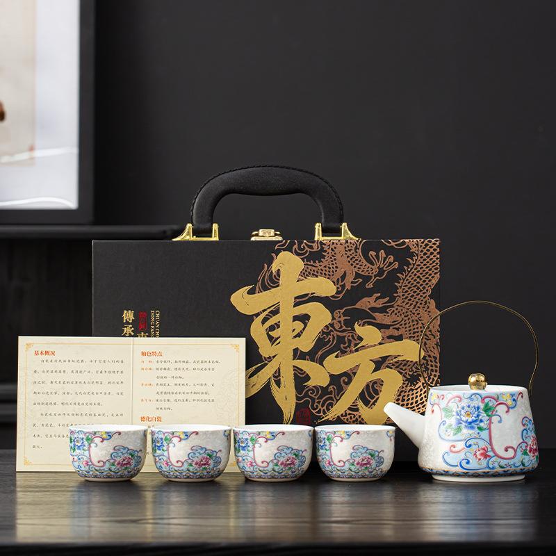 White porcelain enamel color kung fu tea set, turn cover bowl, fair cup, tea cup, full set of business souvenir box