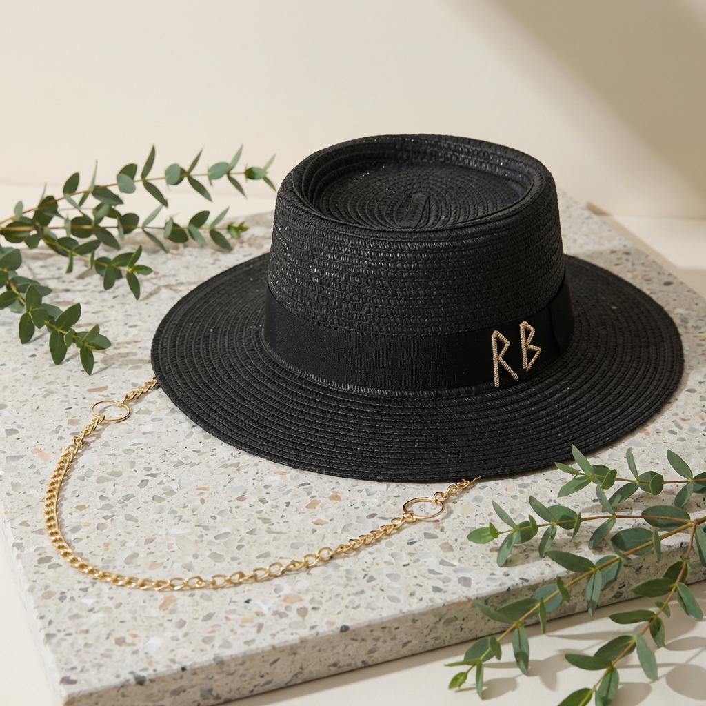 

Womens Summer Sun Hat Chain Straw Beach Panama Sombrero for Travel Outdoor Wide Brim Foldable UPF 50+ Sunscreen Cap With Letter M 56-58cm чорний