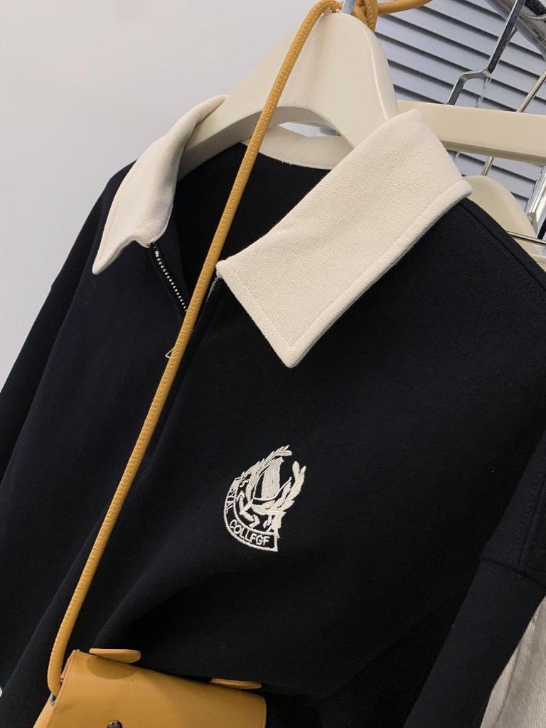 Women's Black Retro Polo Collar Half-Zip Sweatshirt - Petite, Long Sleeve, Spring/Autumn Lazy Style Top