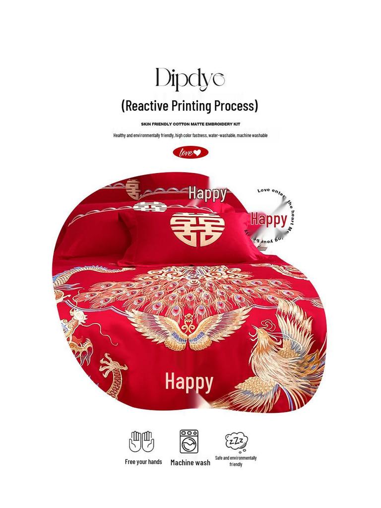 Luxury Dragon & Phoenix Embroidered Wedding Bedding Set - Red Bridal Room Dowry Sheet & Duvet Combo