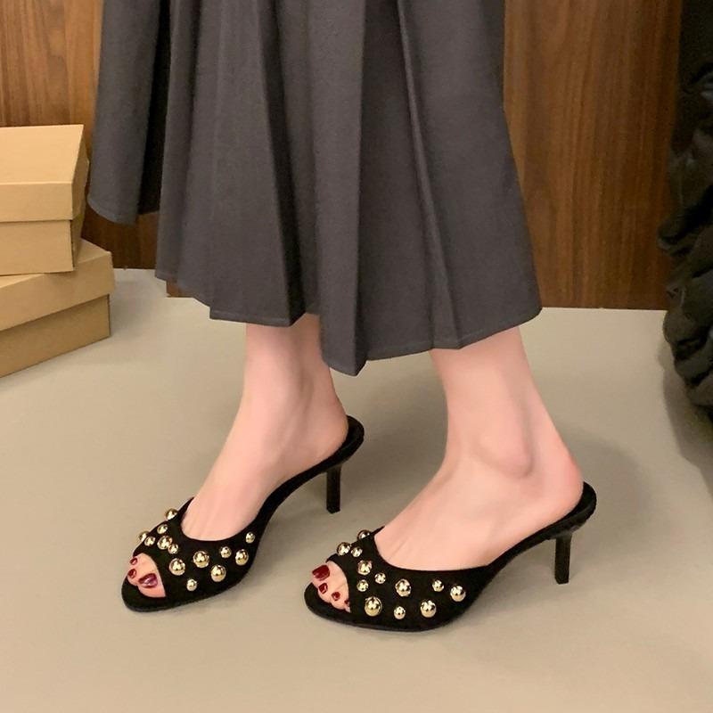Large size rivet open-toed cool slippers women's summer new thin heel wear sexy high-heeled one-word slippers