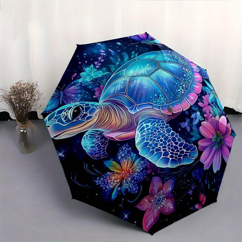 Sea Turtle, Floral Fantasy Automatic Folding Umbrella  8 Ribs, Durable Iron Frame, Bright Color Pattern Compact Travel Umbrella, Suitable Fo