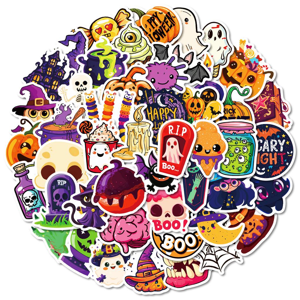 50pcs Halloween stickers featuring pumpkins, ghosts, and bats, perfect for waterproof DIY planner decorations gifts for kids