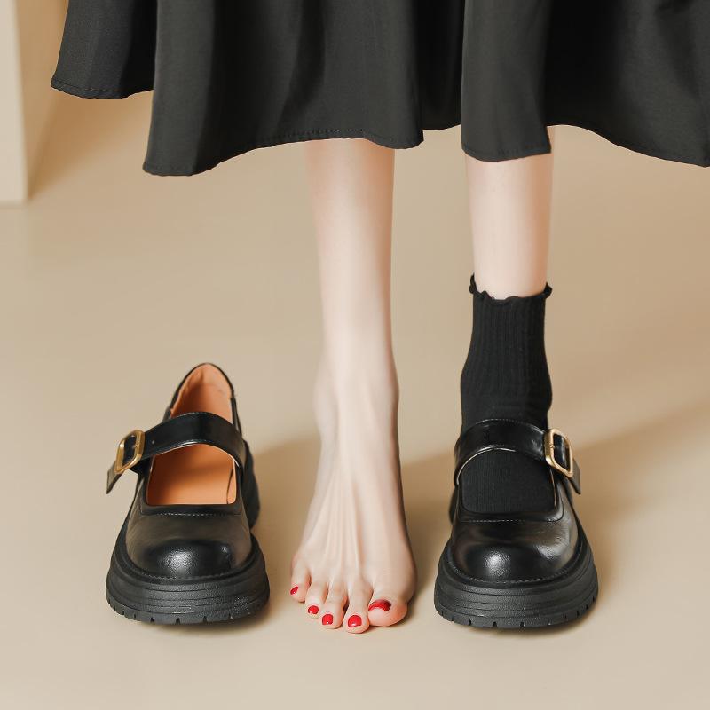 Thick-soled JK small leather shoes round head one-word buckle belt retro British style spring and summer new Mary Jane shallow mouth single shoes wome