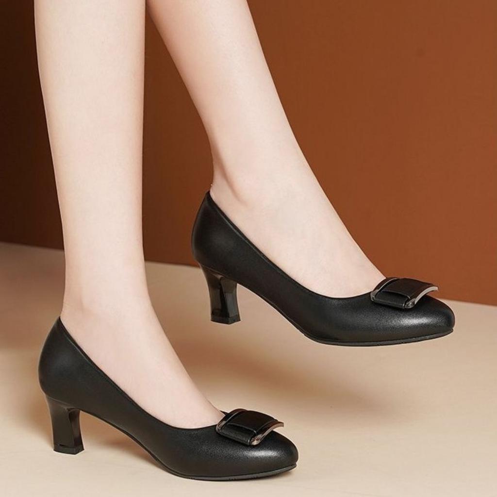 Middle Heel Women's Single Shoes Comfortable Non-slip Work Shoes Thick Heel Shallow Mouth Versatile Women's Leather Shoes