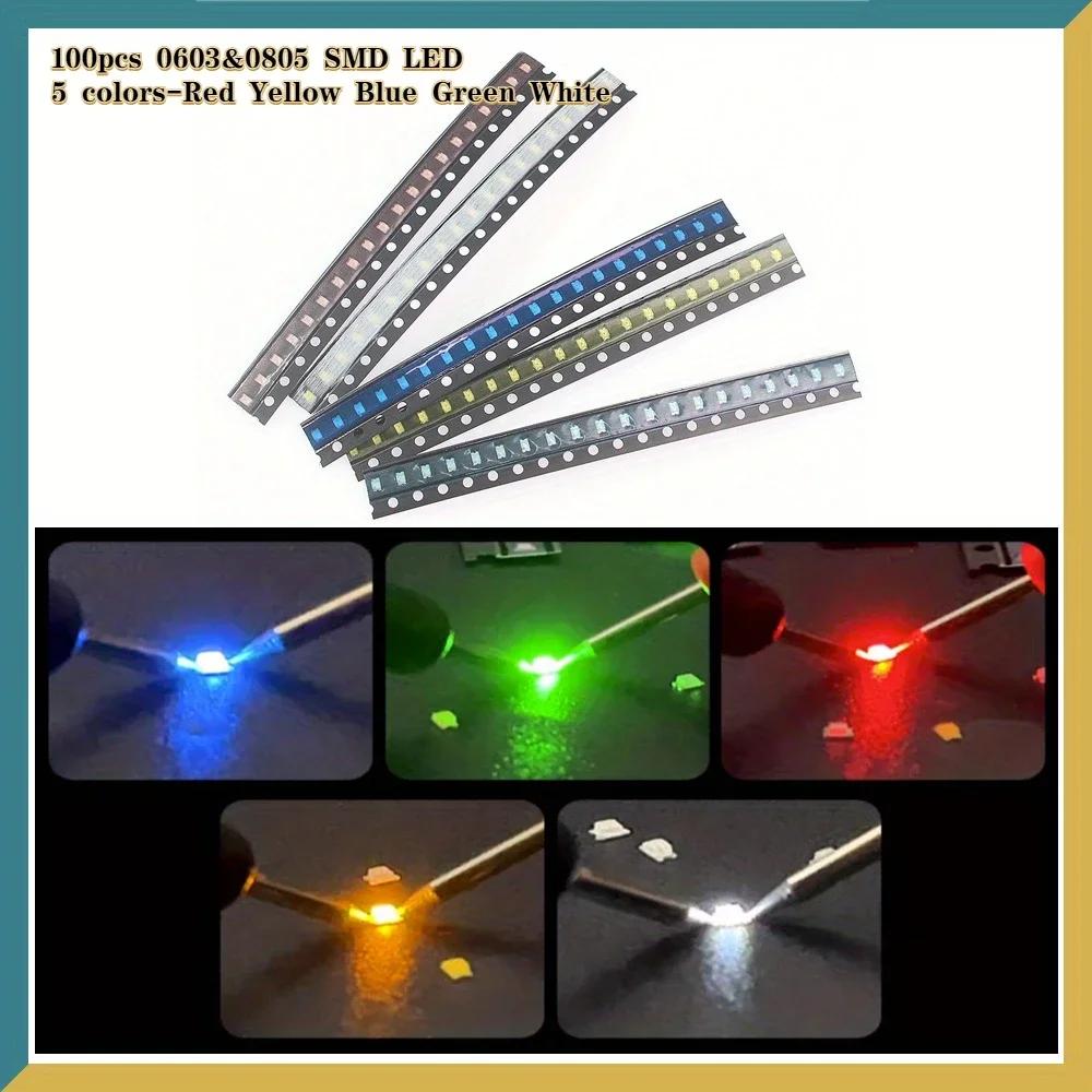 100 Stück 0603 0805 SMD LED Diode Highlight Leuchtdiode LED Chip 5 Farben Miniatur-LED Rot Weiß Gelb Grün Blau DIY-Kit