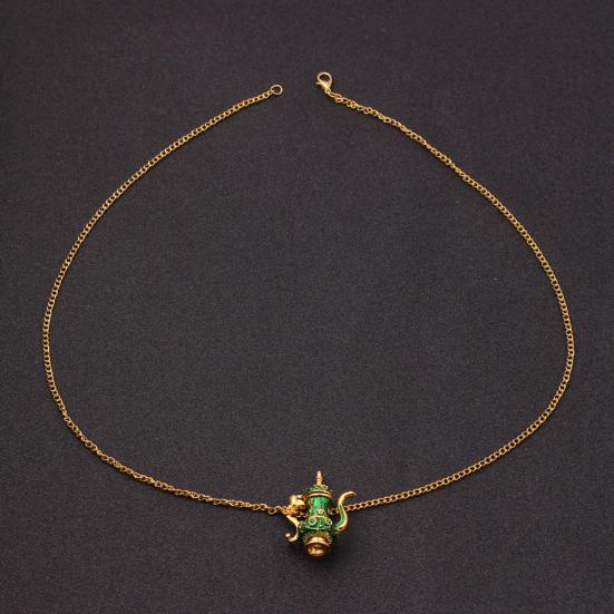 Vintage Enamel Green Teapot Pendant Long Chain Women Sweater Necklace Jewelry
