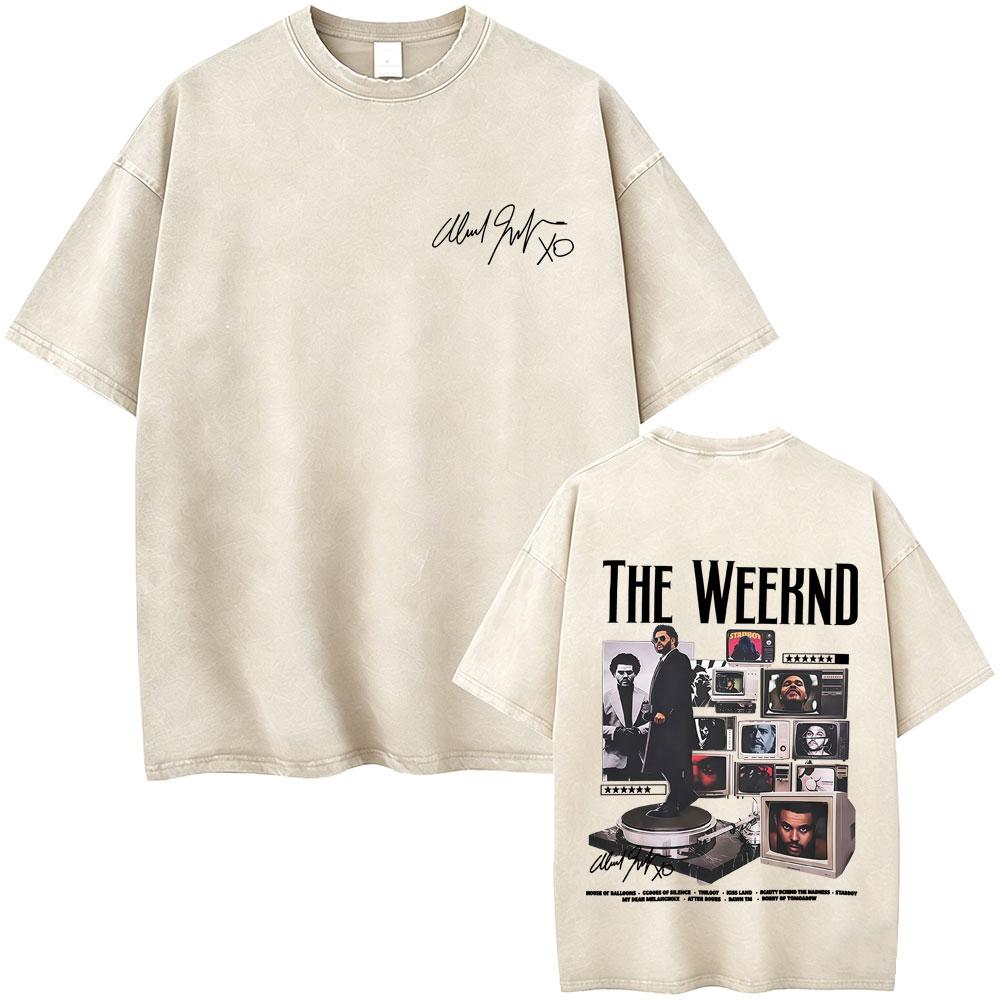 Vintage Gewaschen The Weeknd Starboy Album Grafik T-Shirt Herren Damen Hip Hop Mode Popmusik T-Shirts Männlich Lässig Baumwoll-T-Shirts