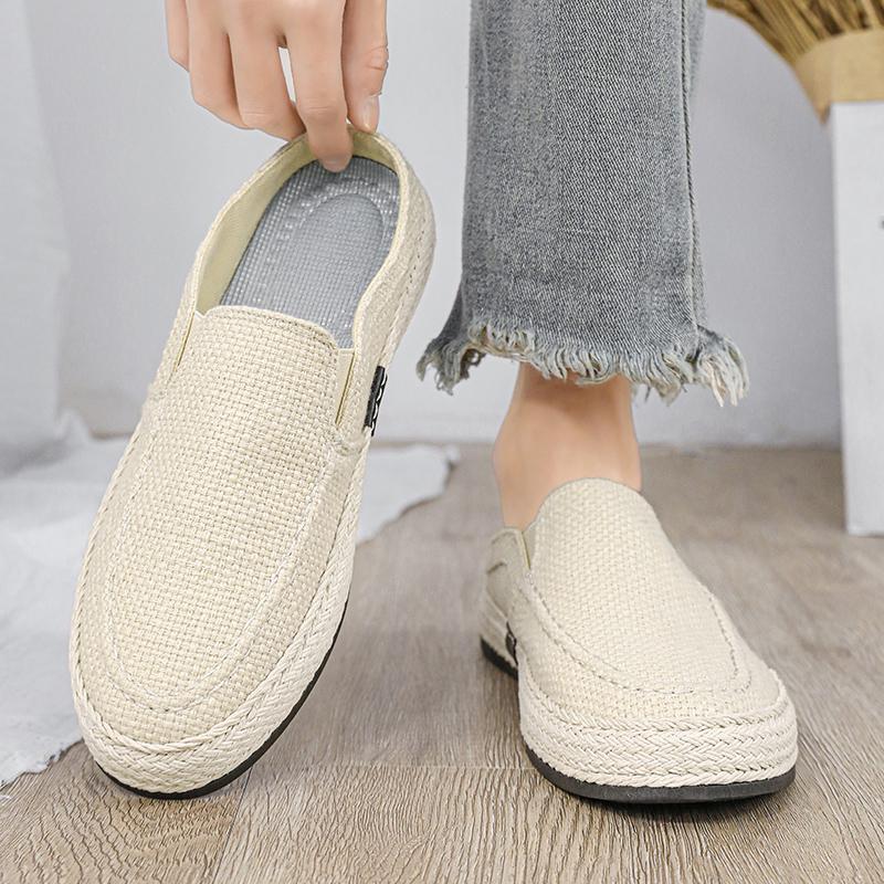 2026 Flax Open Back Casual Shoes Half Shoes For Men Mules Backless Flat Board Shoes Platform Loafers Slipper Man Slides Sandals
