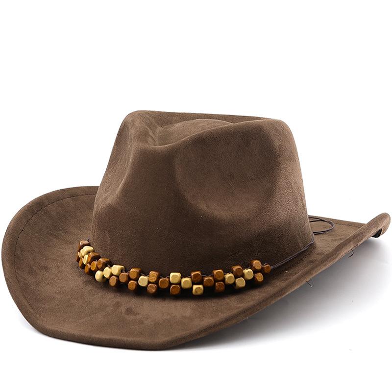 Bohemian Western Cowboy Roll Along Cowboy Hat for Men and Women Wooden Bead Accessories Faux Leather Fleece Jazz Hat Riding Hat