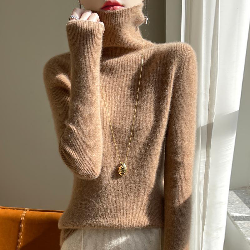 Women’s High Neck Wool Sweater 2025: Slim Fit, Pure Color, Fashionable Base Layer Knit.