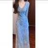 Autumn Temperament Wear Long Dress French Tie-dye Floral Blue Dress Women's Sunset Dress Waist High-end Skirt