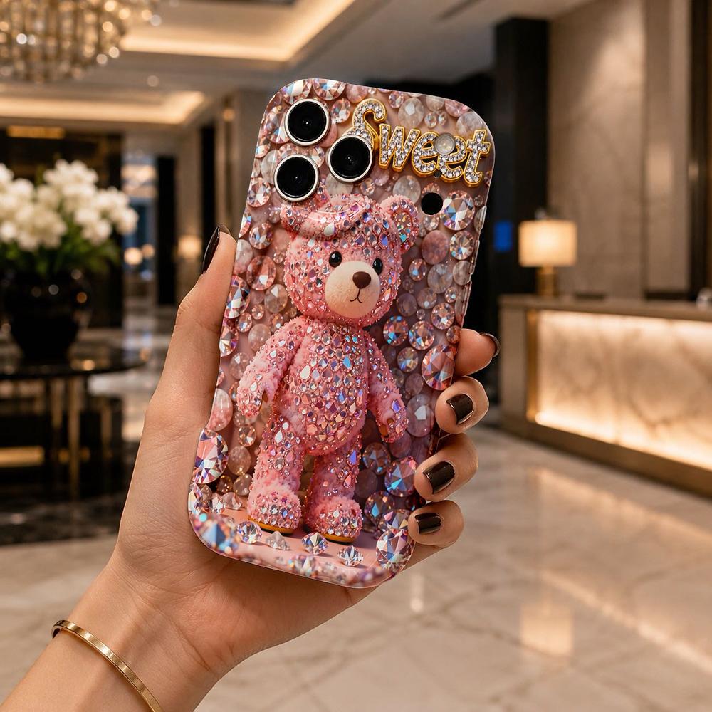 Full Rhinestone Pink Teddy Sweet Wavy Edge Phone Case For iPhone 17 16 15 14 13 12 11 8 7 Plus Pro Max Bling Bear Cover