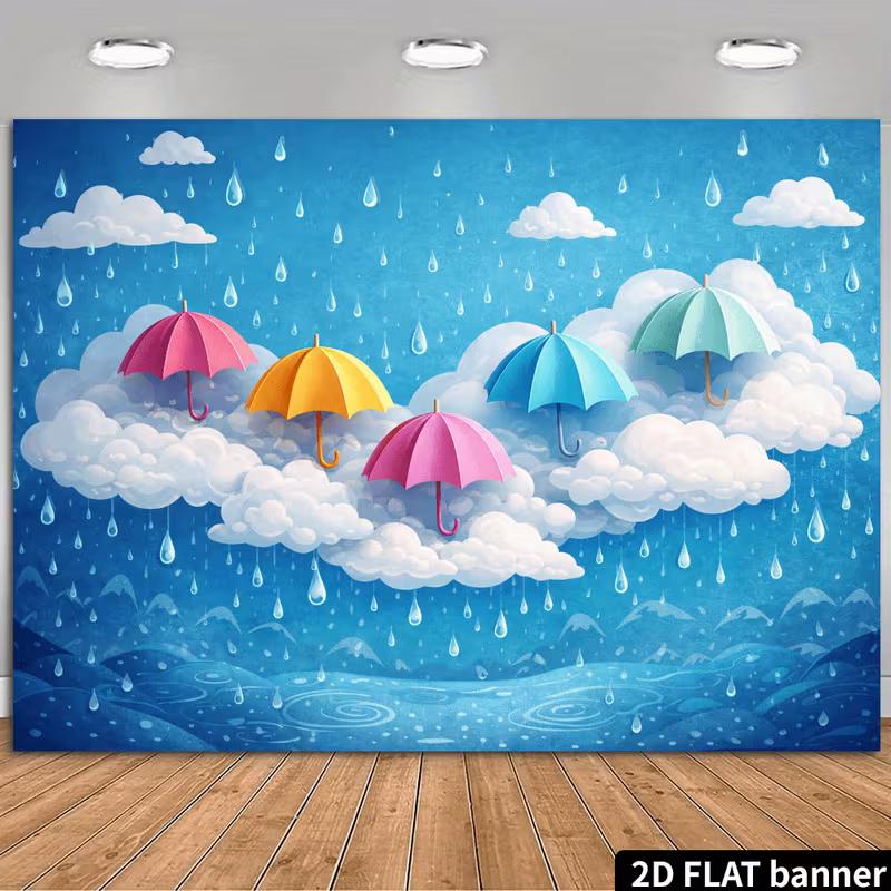 

2D Flat Printing Umbrella Backdrop Blue Sky Raindrop Party Photo Booth Decor 47.2x31.5inch/120*80cm