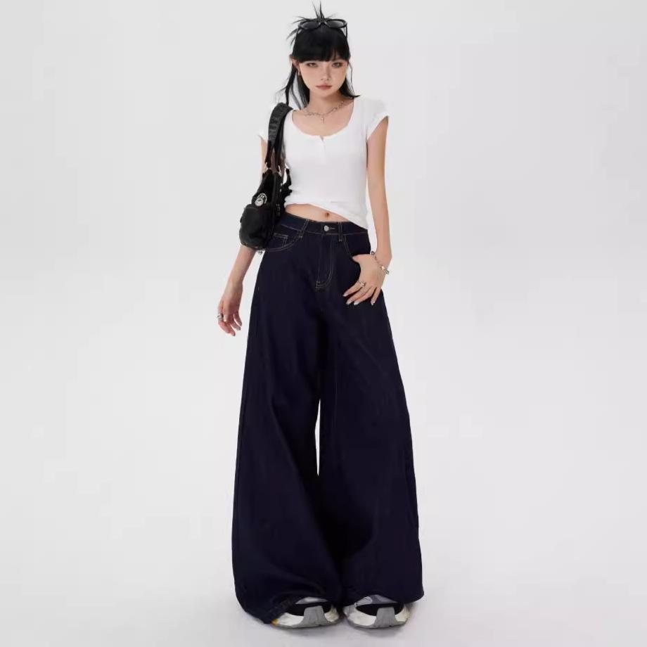 Spring Summer Women's Deep Blue Loose Wide Leg Jeans Street Cool Girl High Waist Baggy Pants Female Casual Straight Denim Trousers