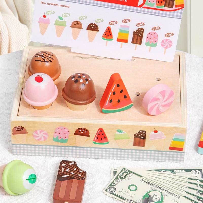 Wooden Ice Simulation Cream Vending Cabinet Model Children Toy Set For Gift