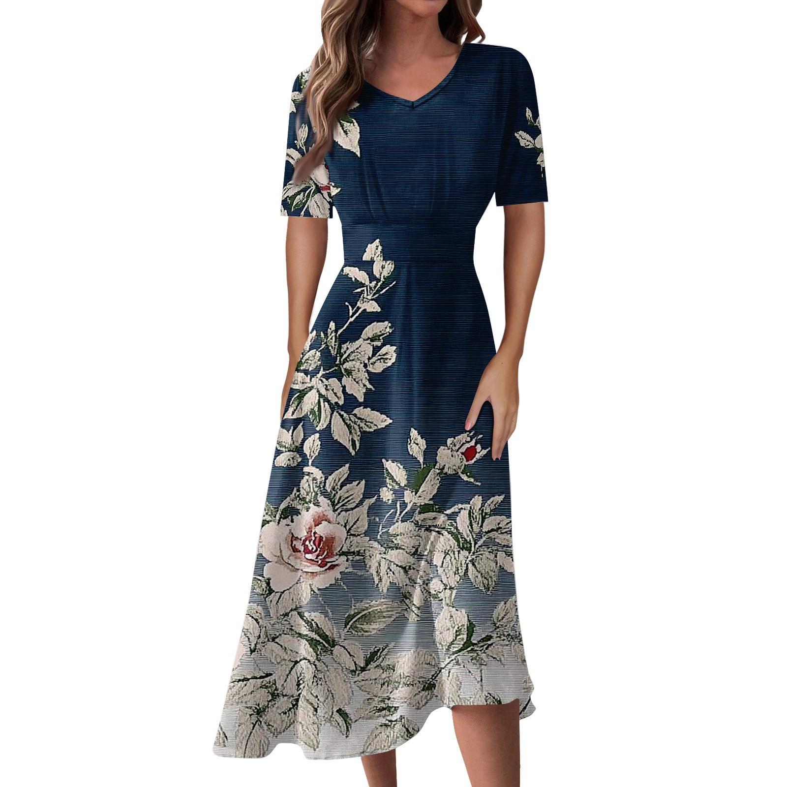 

Женская повседневная мода Цветочный (лист) Платье-халат с принтом, V-образным вырезом, короткими рукавами и длинной юбкой-халат L темно-синий