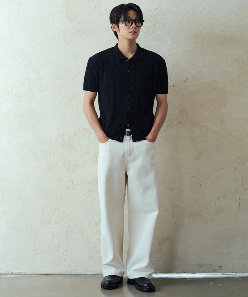 Nodu Collar Cable Viscose Short Sleeve Cardigan [Black]