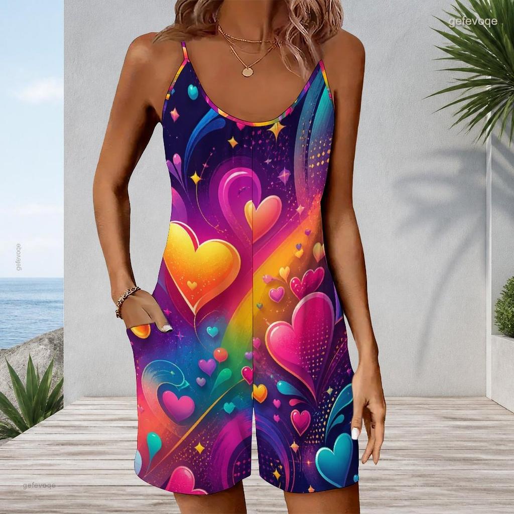 Women Plus Size Sleeveless Cami Short Romper Colorful Rainbow Heart Star Print Jumpsuit With Side Pockets