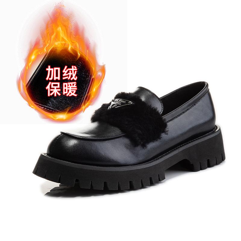 Loafers Women's Winter 2025 New Velvet Small Leather Shoes Casual Leather Women's Shoes Shallow Mouth Fashion Mary Jane Shoes