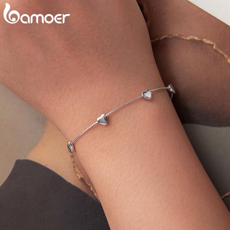 BAMOER 925 Sterling Silver Adjustable Heart Bracelet Dainty Box Chain Bracelet for Women Teen Girls Sweet Birthday Gift