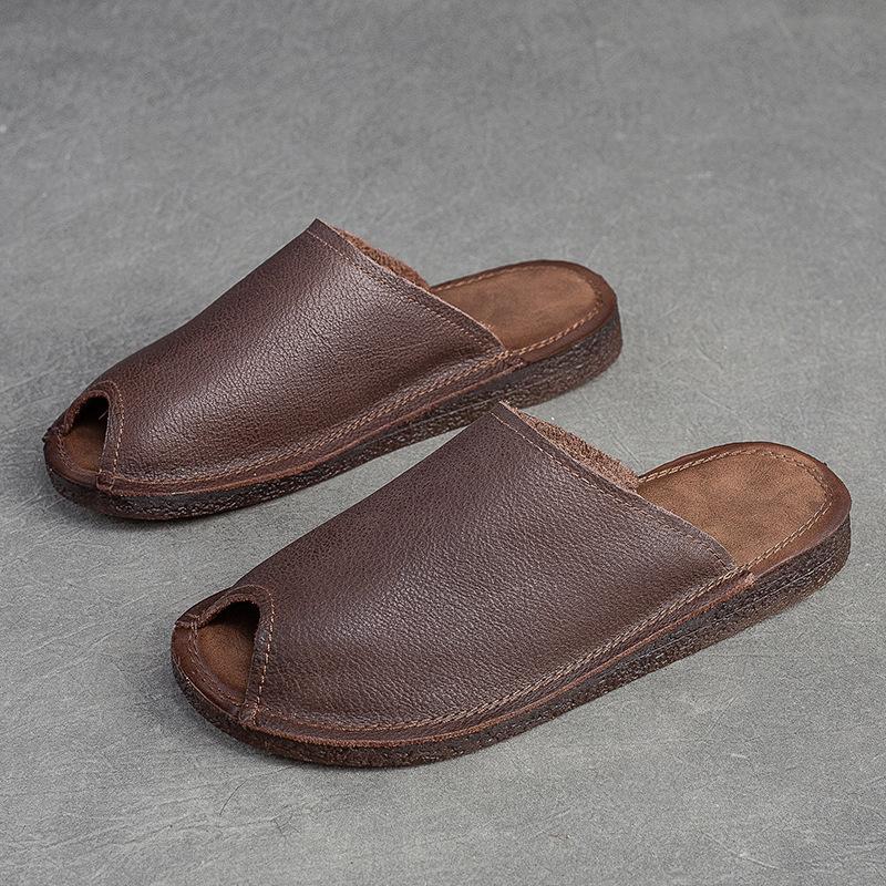 Johnature Pantofole piatte traspiranti con suola morbida Ciabatte aperte vintage in vera pelle Scarpe da donna versatili