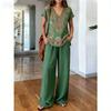 1116 Summer Vintage Print Set Elegant V-Neck Cut, Loose Wide Leg Pants Atmosphere Vacation Two-piece Set Women