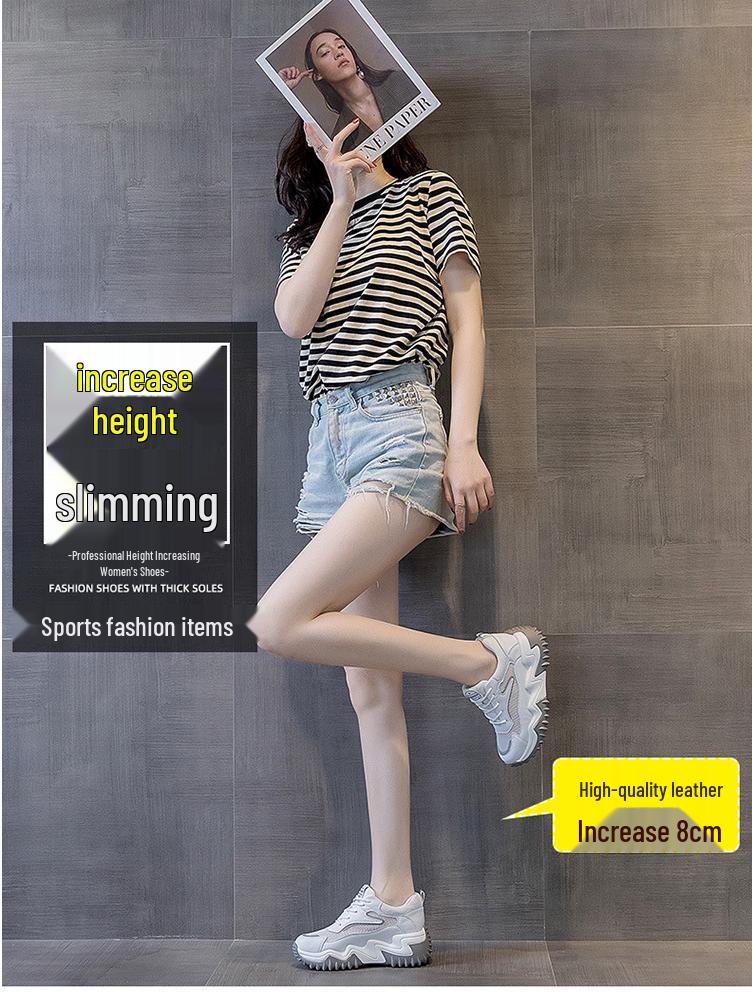2025 Trendy Women's Genuine Leather Platform Sneakers with Thick Sole and Concealed Lift