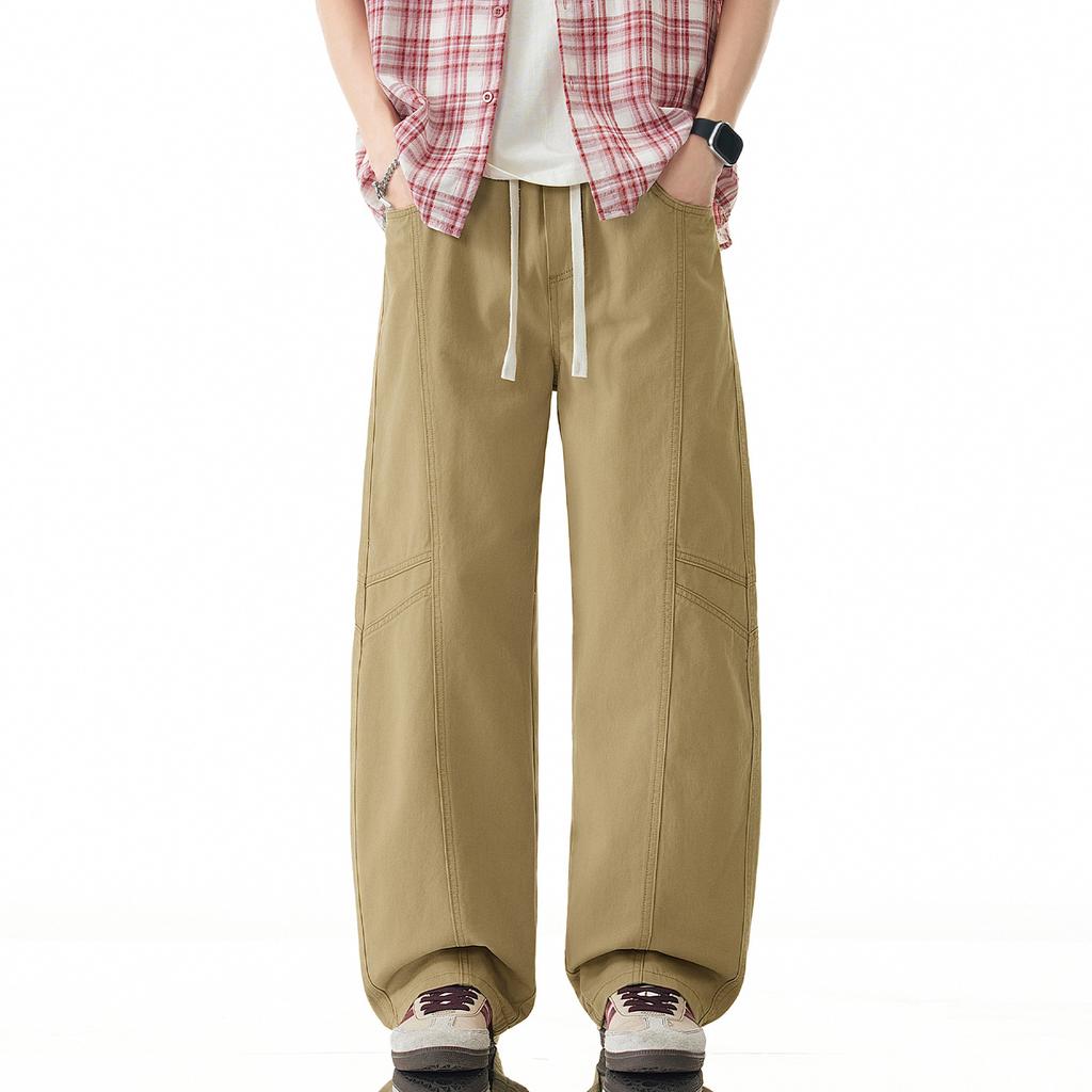 American Solid Color Simple Trendy Brand Splicing Scimitar Casual Pants Men's Trend Versatile Loose Wide-leg Pure Cotton Tooling Pants