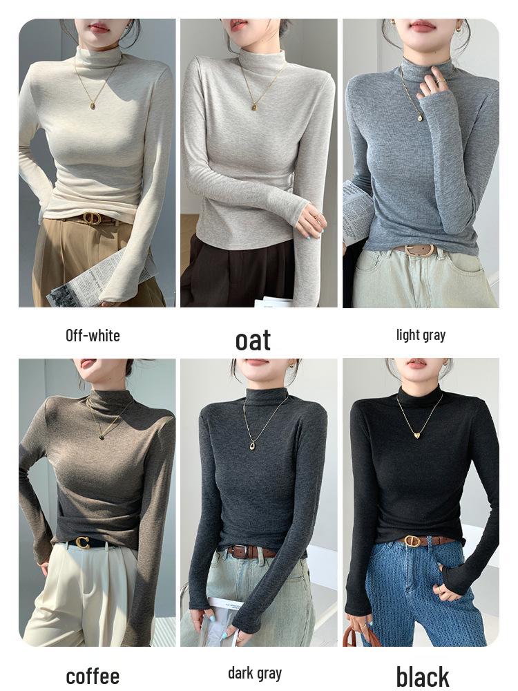 Women's H393 High-Neck Slimming Base Layer: Warm Long-Sleeve Solid Mid-Neck T-Shirt for Autumn/Winter.