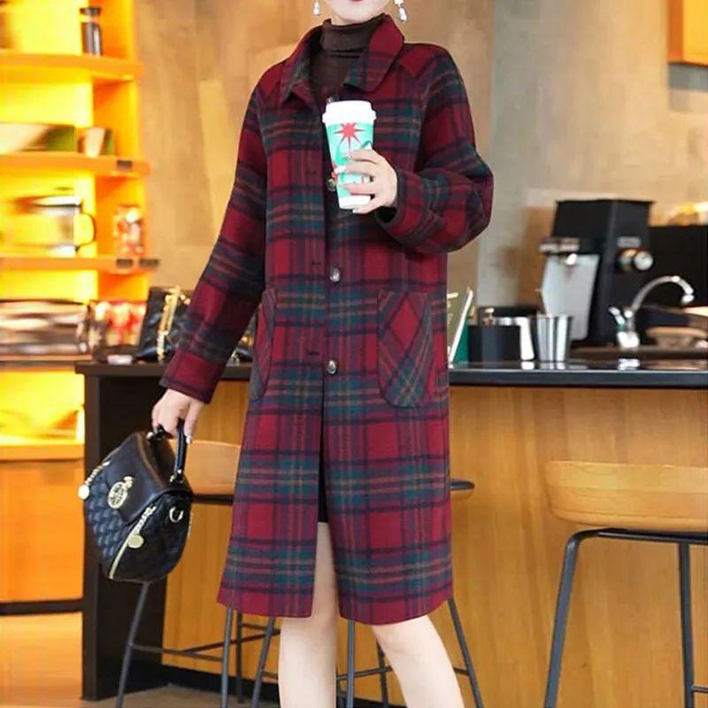 2024 Autumn/Winter Red Plaid Wool Coat - Korean Style Double-Faced Overcoat for Women, Perfect for Middle-Aged and Elderly Moms.