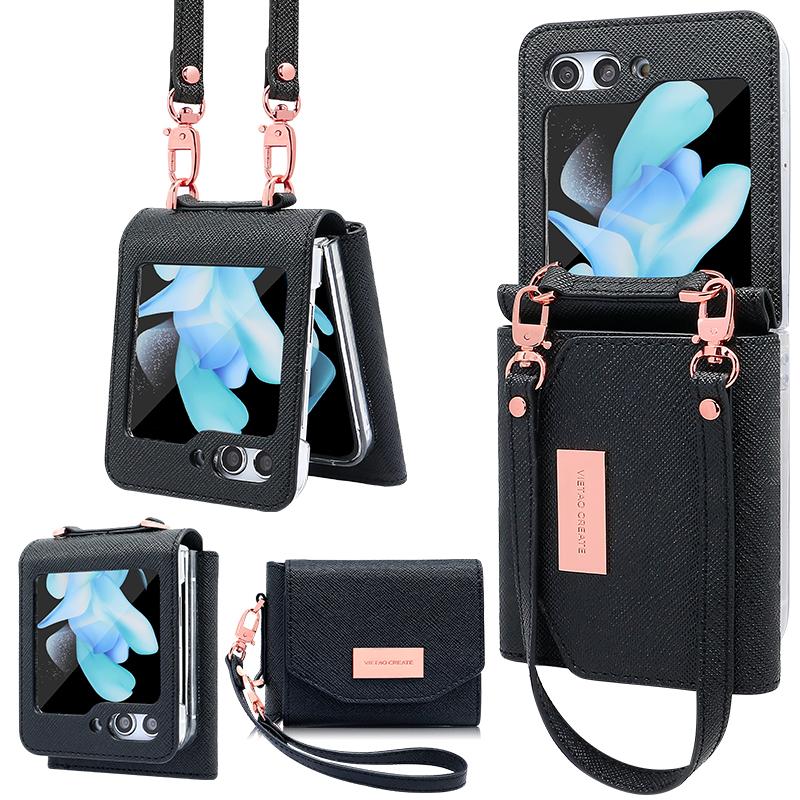 Custodia Vietao per Samsung Galaxy Z Flip 7, Portafoglio Portacarte in Pelle per Donna con Laccetto da Polso per Galaxy Z Flip 6, Oro Rosa